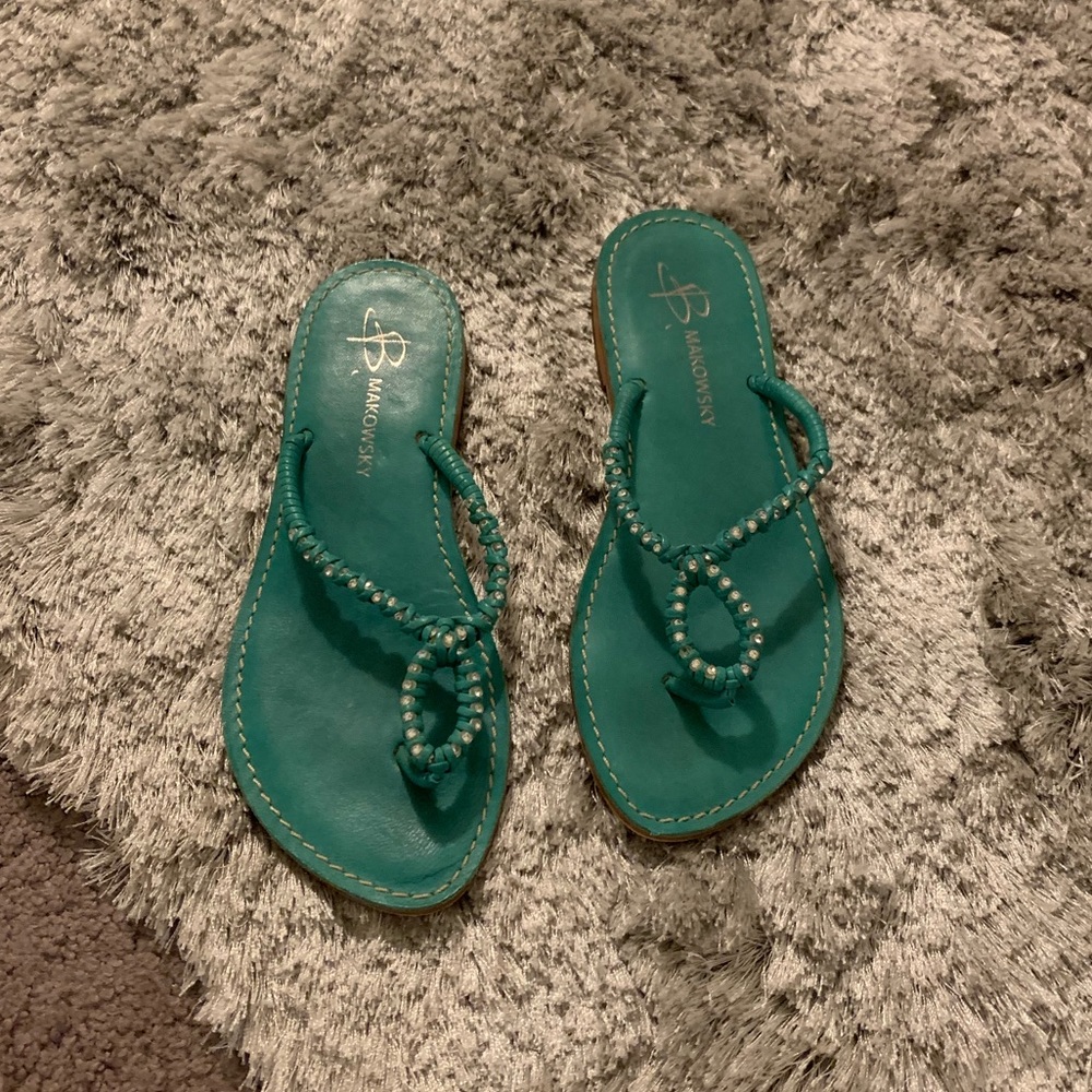 Teal sandals with rhinestones in between
